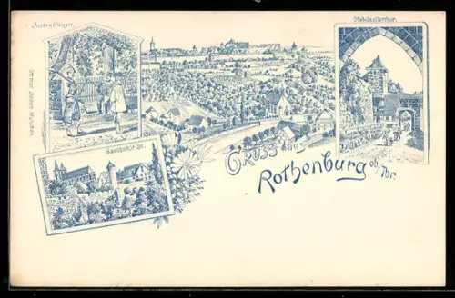 Lithographie Rothenburg ob. Tbr., Jacobskirche, Kobolzellertor, Aus dem Feldlager