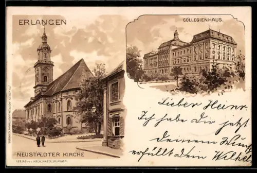 Lithographie Erlangen, Neustaedter Kirche, Collegienhaus
