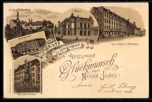 Lithographie Augsburg, Hotel 3 Mohren und Fuggerhaus, Schloss Wöllenburg, Theater, Neujahrsgruss