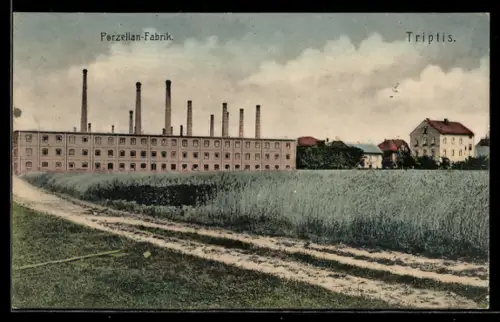 AK Triptis, Porzellan-Fabrik und Häuser, von einem Feldweg gesehen