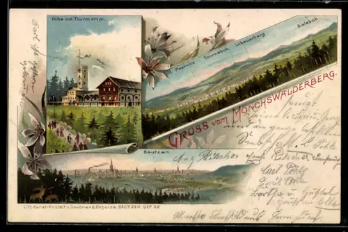 Lithographie Bautzen, Gruss vom Mönchwaldsberg, Panorama Bautzen