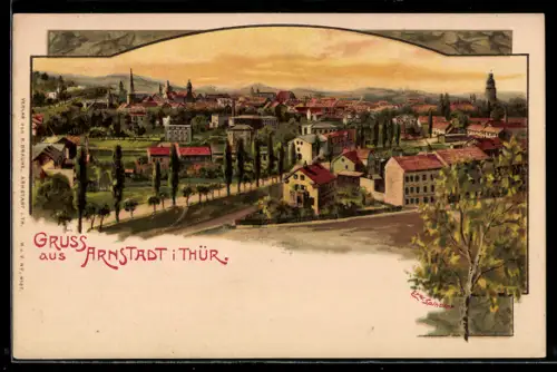 Künstler-AK Erwin Spindler: Arnstadt i. Thür., Ansicht der Stadt in Abendröte