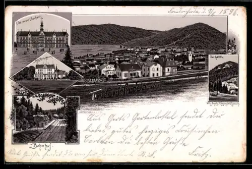 Lithographie Friedrichroda, Schloss Reinhardsbrunn, Neues Rathaus, Bahnhof