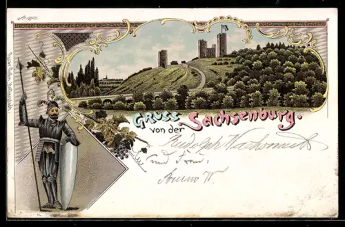 Lithographie Sachsenburg, Blick zur Burgruine, Ritter mit Speer und Schild