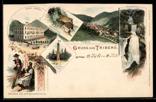 Lithographie Triberg, Ortsansicht mit Hotel Engel und Bauernhaus, Trachten aus dem Schwarzwald