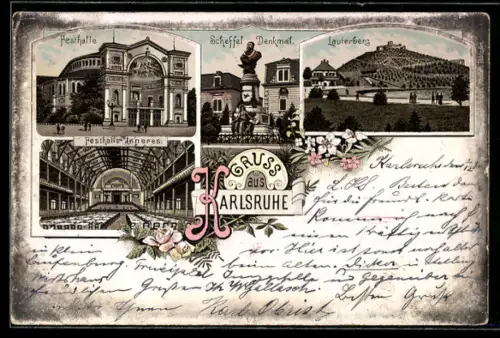 Lithographie Karlsruhe, Festhalle, Scheffel Denkmal, Lauterberg