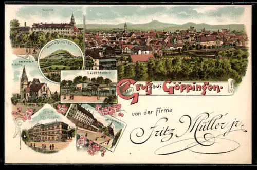 Lithographie Göppingen, Schloss, Latein- & Realschule, Sauerbrunnen