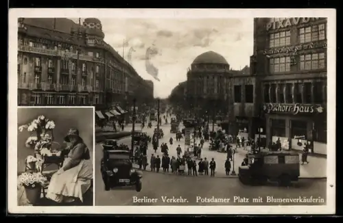 AK Berlin-Tiergarten, Berliner Verkehr, Potsdamer Platz mit Blumenverkäuferin