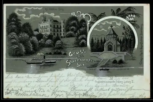 Mondschein-Lithographie Starnberg, Königliches Schloss Berg, Gedächtniskapelle F. König Ludwig II
