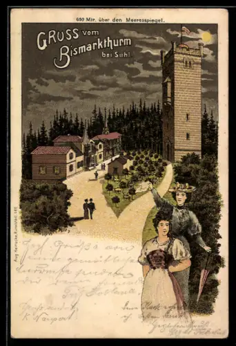 Lithographie Suhl, Partie am Bismarckturm