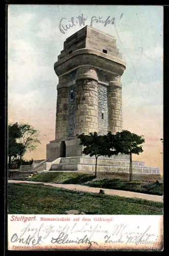 AK Stuttgart, Bismarcksäule auf dem Gähkopf