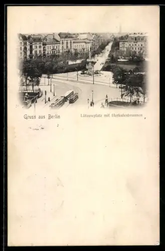 AK Berlin-Tiergarten, Lützowplatz aus der Vogelschau, Herkulesbrunnen, Strassenbahn