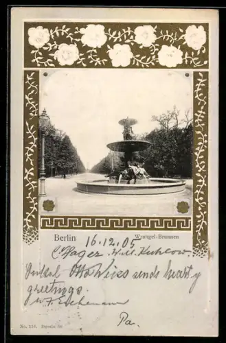 Präge-AK Berlin-Tiergarten, Wrangel-Brunnen, Ornament-Rahmen mit Rosen