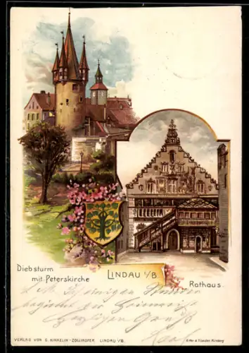 Lithographie Lindau i. B., Diebsturm m. Peterskirche, Rathaus