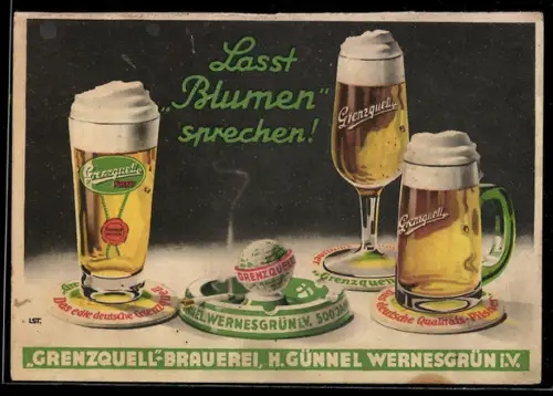 AK Wernesgrün i. V., Grenzquell-Brauerei H. Günnel, Biergläser und Aschenbecher, Werbemotiv