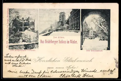 AK Heidelberg, Schloss im Winter, Gesprengter Thurm, Altan, Schlosshof, Neujahrsgruss