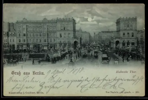 Mondschein-AK Berlin-Kreuzberg, Hallesches Thor, Strassenszene, Strassenbahn, Panorama