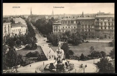 AK Berlin-Tiergarten, Lützowplatz, Platzansicht mit Brunnen und Stadtpanorama aus der Vogelschau
