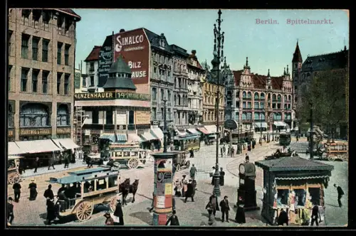 AK Berlin, Spittelmarkt, Strassenbahn, Pferdeomnibus, Kiosk