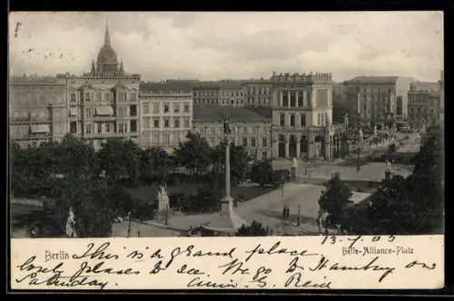 AK Berlin-Kreuzberg, Belle-Alliance-Platz, Platzansicht mit Denkmälern und umliegenden Gebäuden aus der Vogelschau