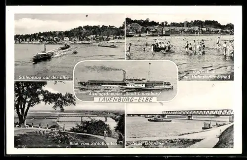 AK Lauenburg /Elbe, Badeleben am Hohnstorfer Strand, Neue Elbbrücke, Ausflugsdampfer Stadt Lauenburg