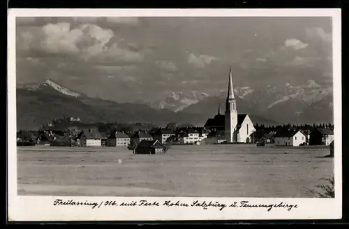 AK Freilassing /Obb., Kirche mit Feste Hohen Salzburg und Tennengebirge