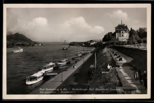 AK Bad Godesberg a. Rh., Hotel Godesberger Hof und Rheinhotel Dreesen, Königswinter mit Drachenfels