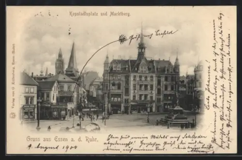 AK Essen a. d. Ruhr, Kopstadtsplatz mit Geschäften und Marktberg