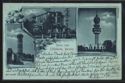 Mondschein-AK Barmen, Konditorei v. A. H. Vogel, Tölleturm, Turmbahn