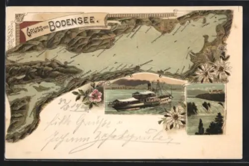 Lithographie Konstanz /Bodensee, Panorama mit Meersburg, Mainau und Arbon, Dampfer, Wasserfall