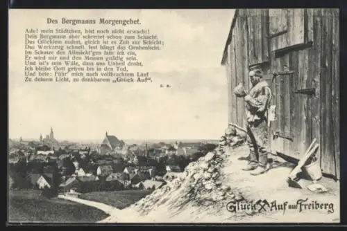 AK Freiberg i. Sa., Des Bergmanns Morgengebet, Glück Auf mit Blick auf die Stadt
