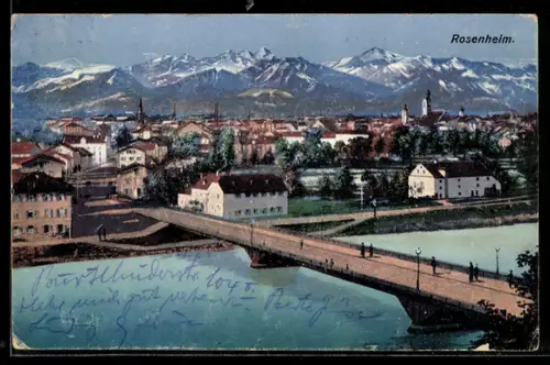 AK Rosenheim, Stadtansicht mit Brücke und Alpenpanorama
