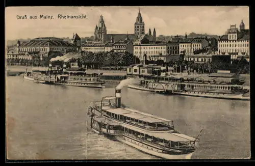 AK Mainz, Rheinansicht mit Dampfschiffen und Dom