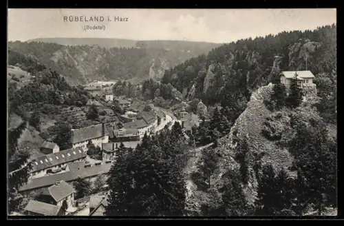AK Rübeland i. Harz, Ortsansicht mit Felsen und Häusern