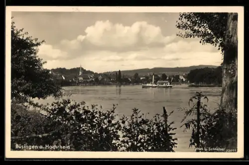 AK Büsingen a. Hochrhein, Rheinansicht mit Dampfschiff und Kirche