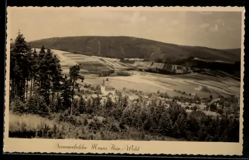 AK Meura /Thür.-Wald, Ortsansicht, Felder, Wald
