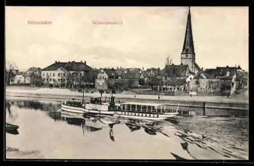 AK Holzminden, Weseransicht, Dampfschiff, Kirche