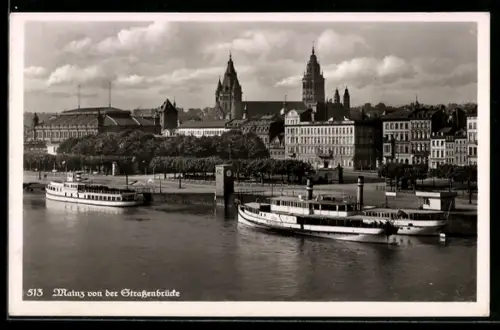 AK Mainz, Blick von der Strassenbrücke auf Dom und Rheinufer mit Personendampfern