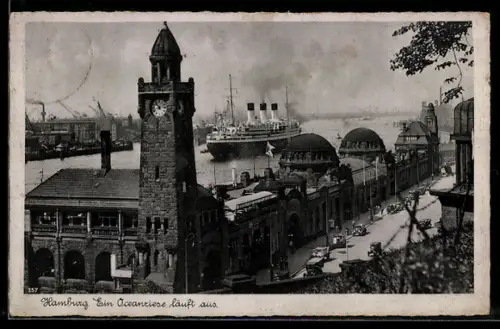 AK Hamburg-St.Pauli, Landungsbrücken, Ozeanriese läuft aus