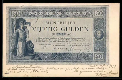 AK Niederländischer Geldschein im Wert von 50 Gulden