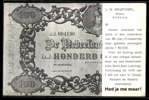 AK Niederlande, Geldschein über einhundert Gulden
