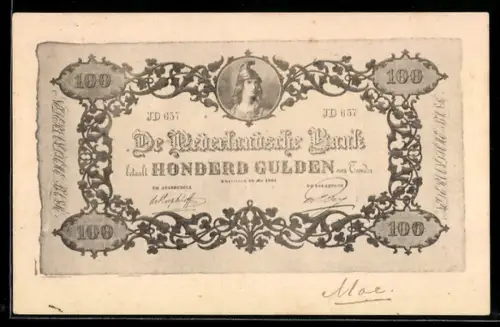 AK Niederländischer Geldschein im Wert von 100 Gulden