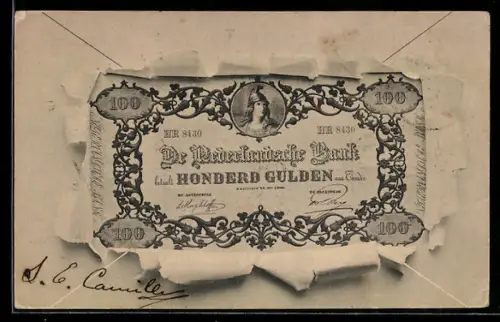 AK Niederlande, Geldschein durch zerrissenes Papier