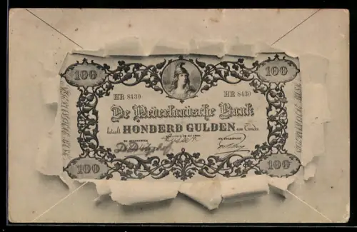 AK Niederlande, Geldschein durch zerrissenes Papier