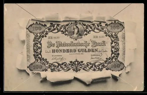 AK De Nederlandsche Bank betaalt 100 Gulden aan Toonder, Geldschein im aufgerissenen Briefumschlag