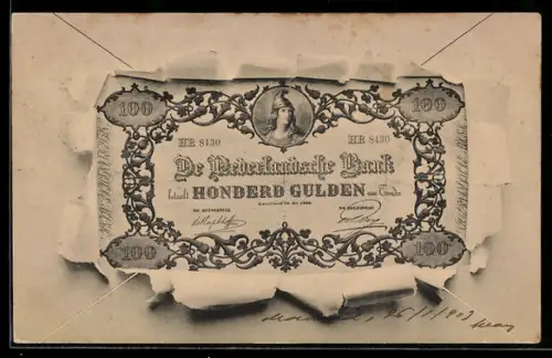 AK De Nederlandsche Bank betaalt 100 Gulden aan Toonder, Geldschein im aufgerissenen Briefumschlag
