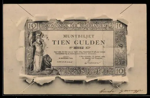 AK Niederlande, Geldschein durch zerrissenes Papier