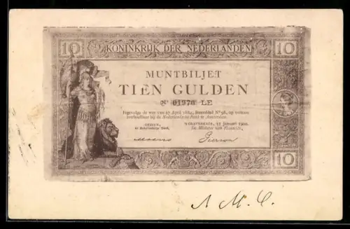 Künstler-AK Niederlande, Muntbiljet Tien Gulden