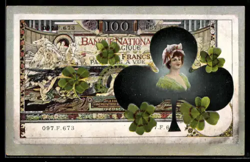 AK Belgischer Geldschein mit Damenporträt und Kleeblättern