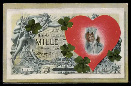 AK Geldschein, geschmückt mit Kleeblättern und dem Portrait einer Dame in einem Herzen